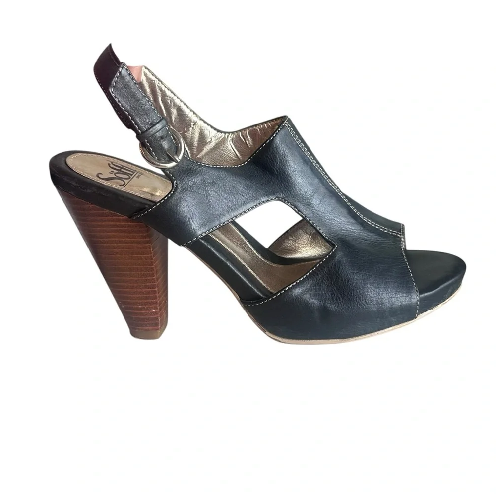 Sofft Black Leather Slingback Peep Toe Heels | Stacked Cone Heel | Comfort Style